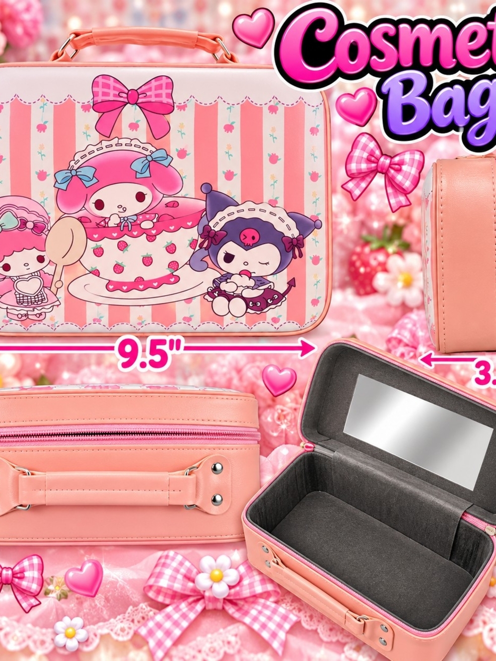 6.5 Inches Tall 9.5 Inches W Sanrio Pink and Blue My Melody Cosmetic Travel Case